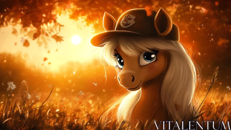 Autumn glow pony scout smiling through golden leaflight.