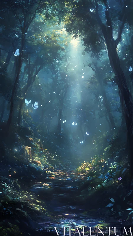 Enchanted Forest Path with Glowing Butterflies and Light.