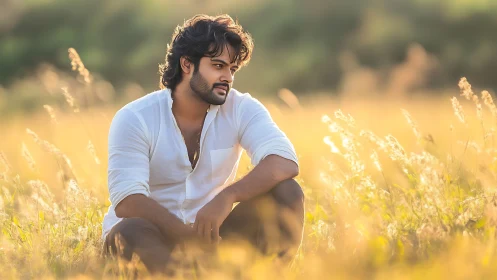 Backlit contemplative portrait in shallow-depth meadow field.
