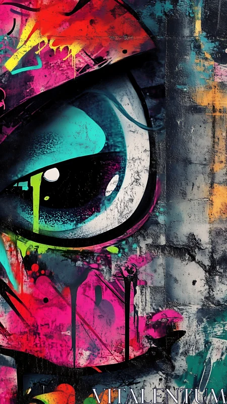 Neon graffiti eye studies the city through splattered color