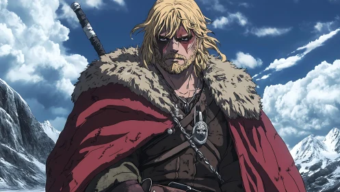 Viking warrior scans frozen peaks under hard winter sky.