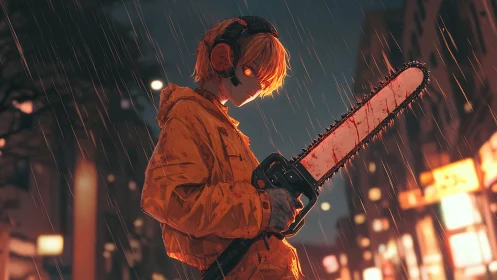 Hooded figure with chainsaw in rainy urban night scene.