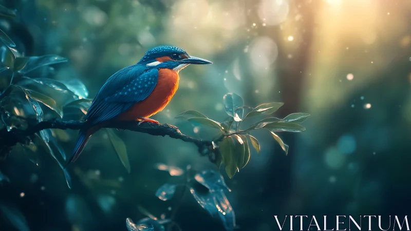 Vibrant Kingfisher on Branch in Dreamy Sunlit Forest Scene.