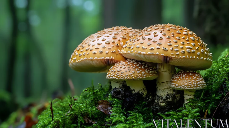 Mossy forest stage hosts spangled mushrooms in quiet chorus