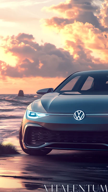 Electric Volkswagen concept car at cinematic sunset shore.