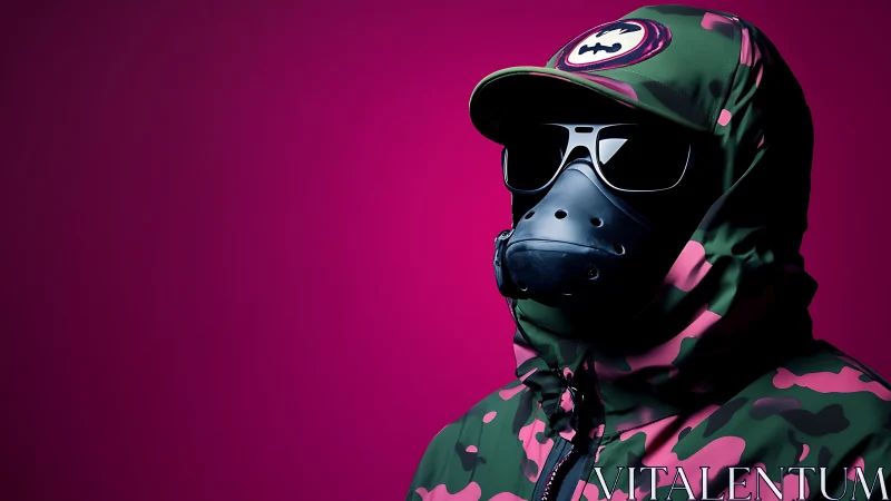 Masked figure in camo jacket against magenta backdrop.