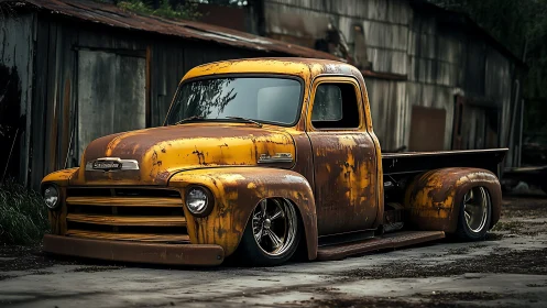 Rusty lowered vintage pickup truck sits beside old sheds