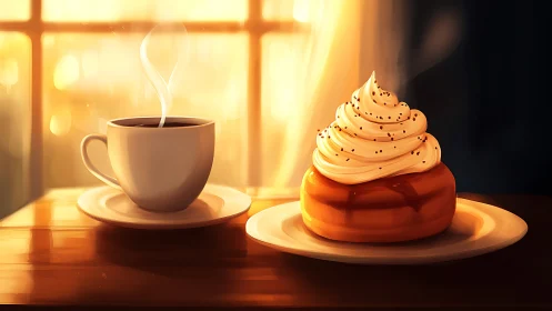 Still life rendering depicts steaming coffee cup and frosted pastry.
