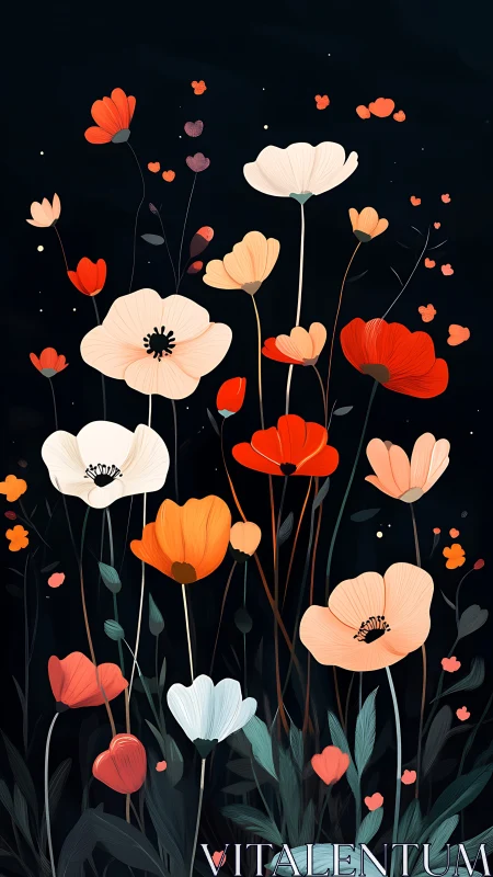 Anemone Garden on Black. Floral Illustration.