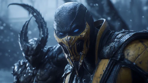 Armored masked warrior stands in icy storm beside alien