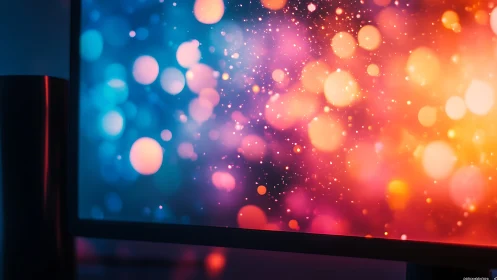 Wide monitor displays vibrant bokeh spectrum in neon gradients