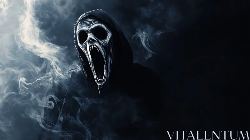 Hooded spectral wraith emerges from swirling midnight smoke.