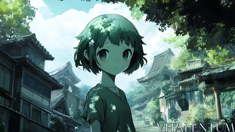Green haired child in shaded traditional Japanese street scene.