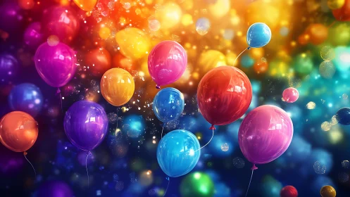 Vibrant glossy party balloons float in glowing bokeh field.