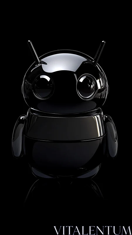 Glossy black robot mascot rendered on reflective black background.