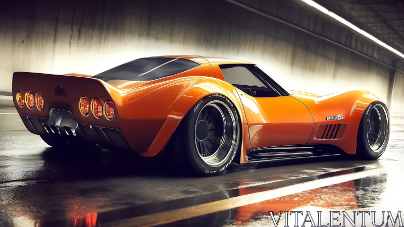 Retro-futuristic orange muscle car rendered in cinematic 3D lighting