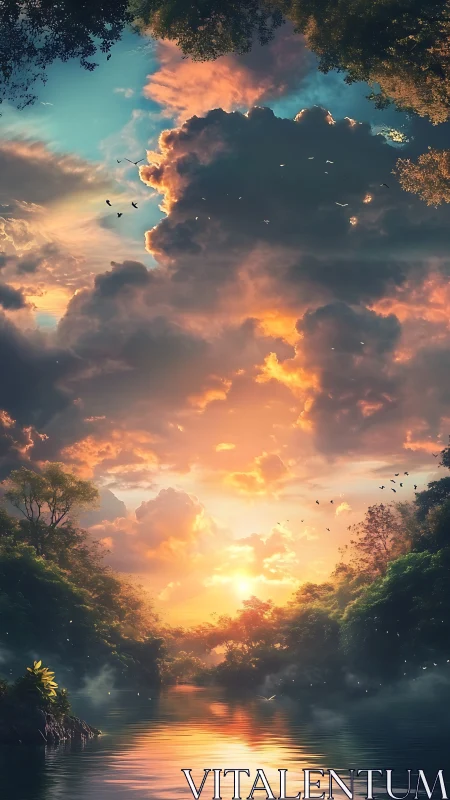 Sunset light diffuses through dense clouds above river