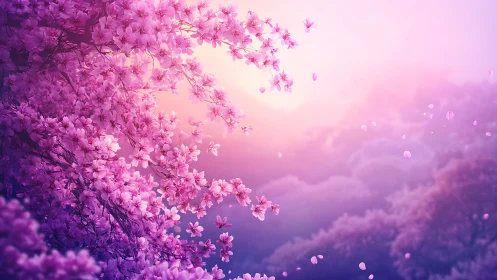 Cherry blossoms glow over dreamy violet valley at sunset