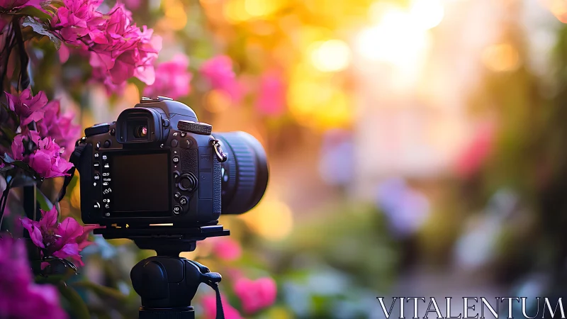 DSLR camera on tripod captures garden flowers at sunset