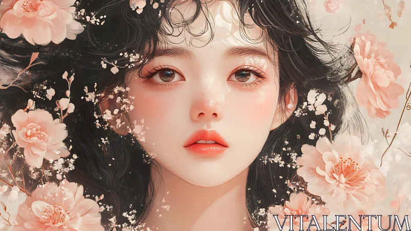 Blossom-kissed gaze floats in a soft storm of petals and light