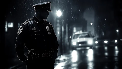 Night street patrol officer in rain with backlit police car