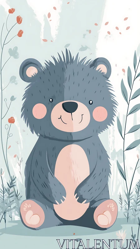 Gentle gray bear sits happily in a soft pastel garden scene