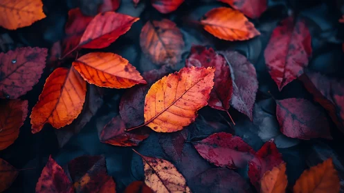 Wet autumn leaves display saturated orange and red tones