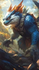 Armored dragon beast stalks a misty enchanted forest path