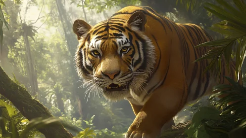 Tiger stalks dense tropical jungle under filtered sunlight