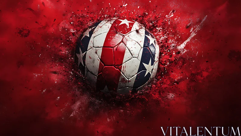 Soccer ball with United States flag design on red field.