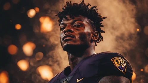 Confident football player stands tall in glowing stadium haze