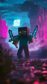 Pixel warrior strides through neon mist with twin blades.