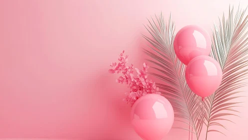 Pink balloons and palm leaves float in a dreamy pastel space