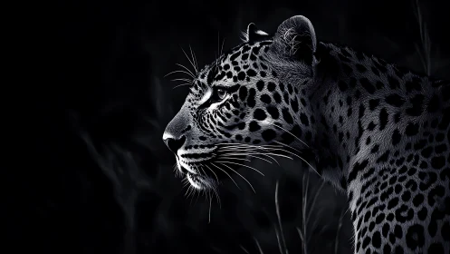 High-contrast monochrome profile of leopard under low-key lighting.