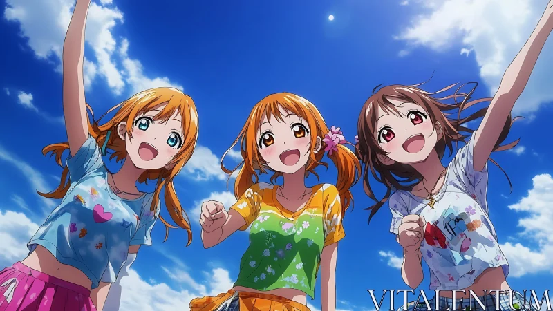 Three animated girls stand outdoors under a bright blue sky
