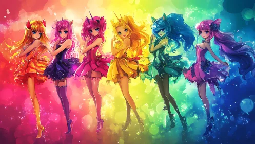 Rainbow lineup of six colorful anime magical girls.