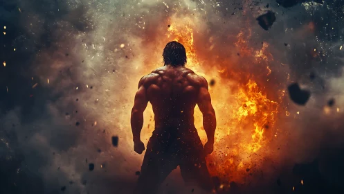 Firelit warrior stands strong against swirling explosive chaos