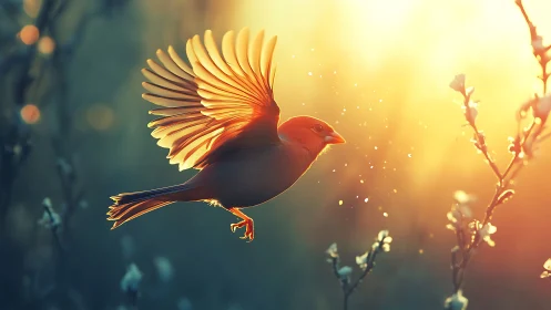 Sunlit songbird glides through golden spring bokeh glow.