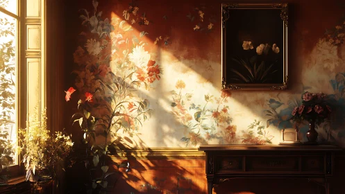 Sunlit floral mural in nostalgic vintage interior glow.