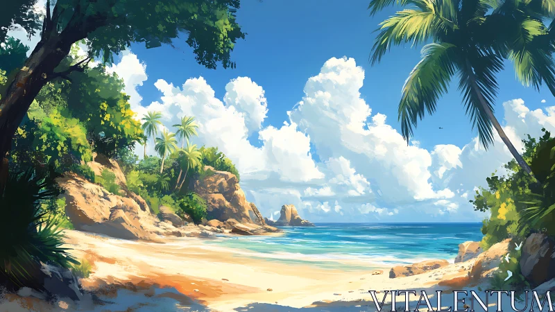 Tropical Beach Cove with Palm Trees and Ocean View