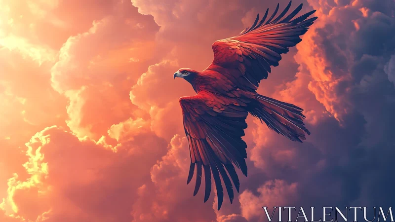 Majestic red parrot soaring through dramatic sunset clouds, digital art.