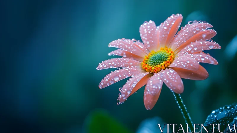 Dew-Covered Pink Daisy Against Teal Background Displays Macro Photography Technique