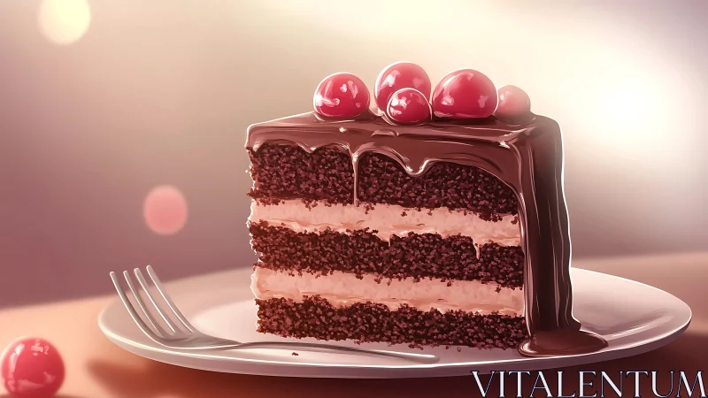 Decadent Chocolate Layer Cake with Cherry Garnish.