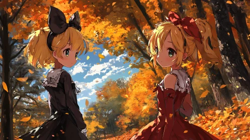 Twin blonde girls in gothic dresses amid vivid autumn forest