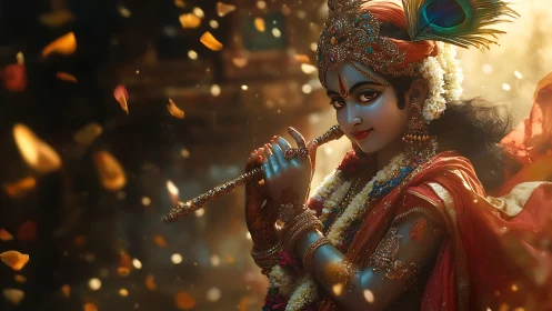 Divine flute player in golden bokeh with ornate devotional regalia
