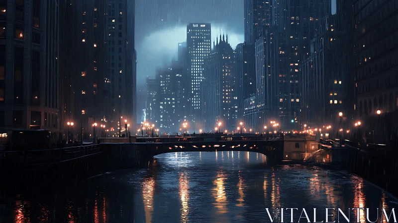 Rainlit river bridge under brooding neon city glow.