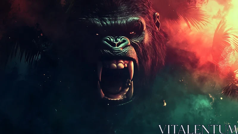 Digitally rendered gorilla head with open jaws in smoke.