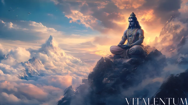 Divine blue deity seated atop sunlit Himalayan cloud peaks