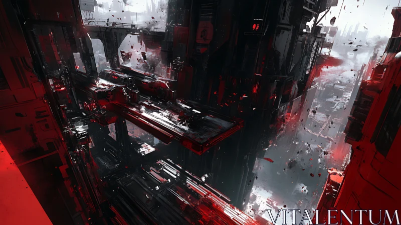 Shattered cyberpunk megastructures collapse into red-lit void