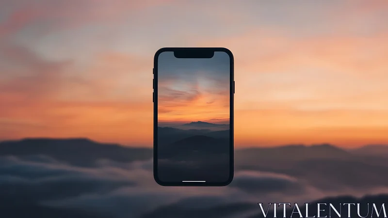 Smartphone-framed aerial dusk landscape with depth blending.
